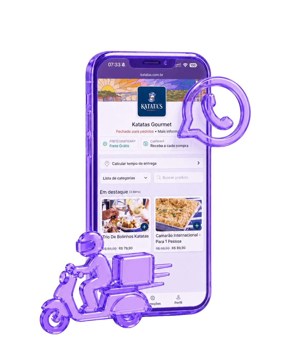 Celular com pedido da Cooki e o balão do WhatsApp avisando o cliente