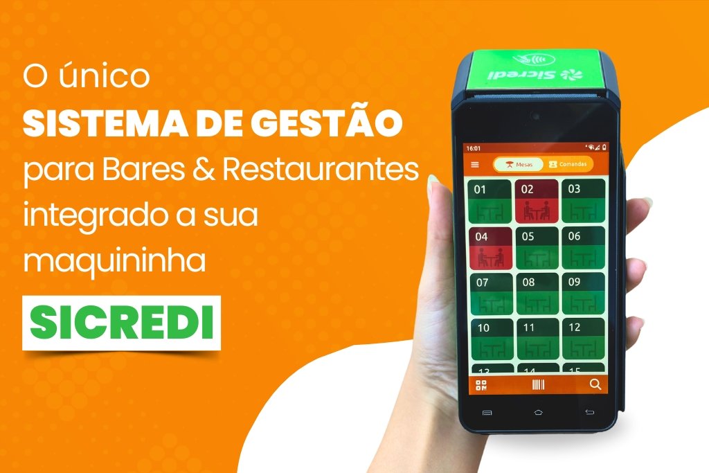 Aplicativo para garçom integrado com maquininha Sicredi em uso num restaurante.